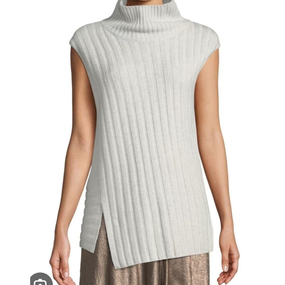 Vince Women’s Wool Cashmere Mixed Rib Sleeveless Turtleneck Sweater Gray XL